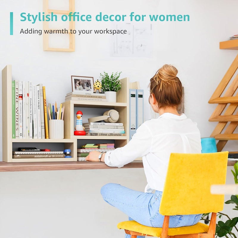 NUTIKAS Desktop File Organizer Desk Organizer Shelf - Wooden Office Organization Shelves for Top of Desk Organizers and Accessories Corner Bookshelf Table Top Shelving Small Hutch Decorations for Women Office - Image 5